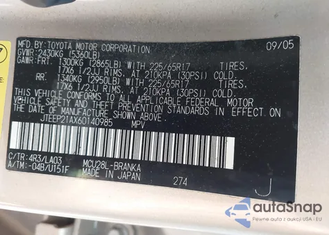 2006 Toyota Highlander Limited V6 из США, поврежденный, VIN JTEEP21AX60140985